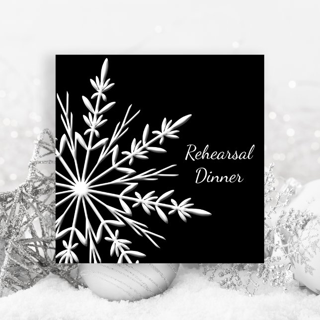 Black and White Snowflake Wedding Rehearsal Dinner Invitation (Invite guests with the festive Black White Snowflakes Winter Wedding Rehearsal Dinner Invitation.)