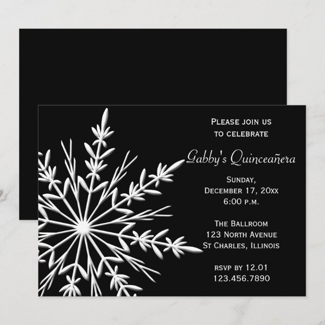 Black and White Snowflake Winter Quinceañera Invitation (Front/Back)