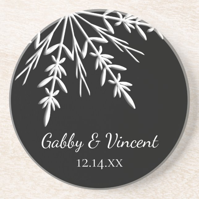 Black and White Snowflake Winter Wedding Sandstone Coaster (Front)