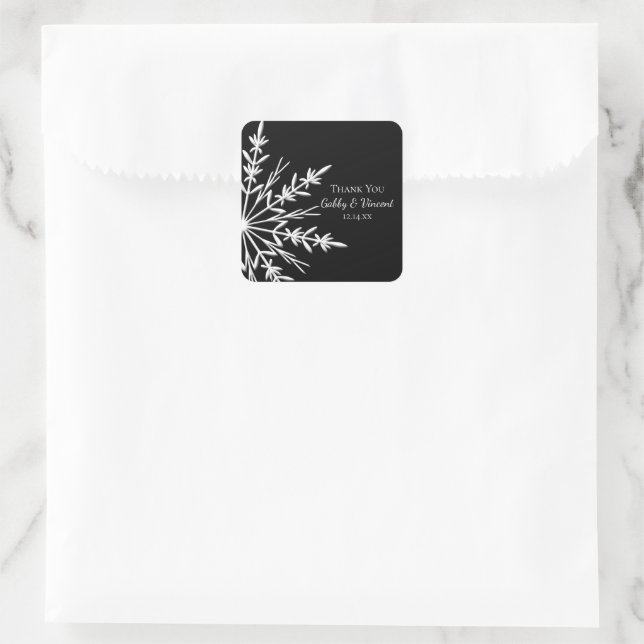 Black and White Snowflake Winter Wedding Thank You Square Sticker (Bag)