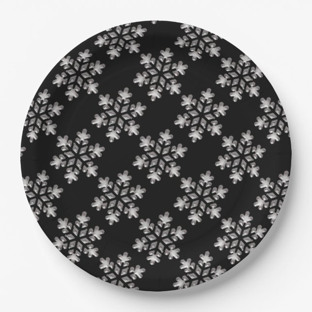 Black And White Snowflakes Christmas Holiday Xmas Paper Plates (Front)