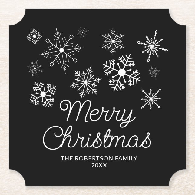 Black and White Snowflakes Christmas Party Paper Coaster (Front)