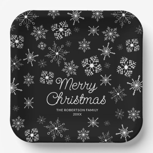 Black and White Snowflakes Christmas Party Paper Plates