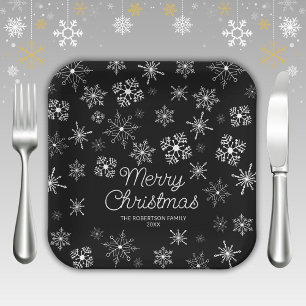 Black and White Snowflakes Christmas Party Paper Plates