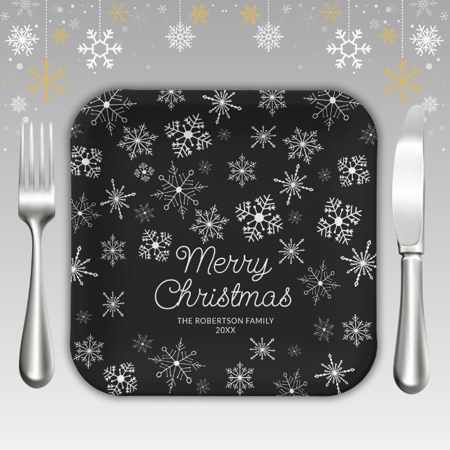 Black and White Snowflakes Christmas Party Paper Plates (Creator Uploaded)