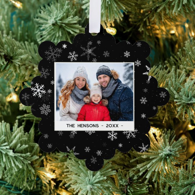 Black and White Snowflakes Merry Christmas Photo Ornament Card (Insitu (Tree))