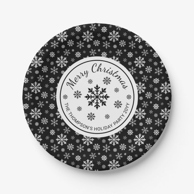 Black And White Snowflakes Modern Christmas Party Paper Plates (Front)