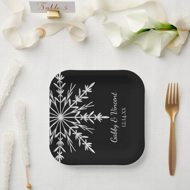Black and White Snowflakes Winter Wedding Paper Plates (Wedding)