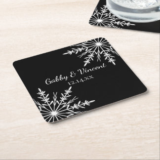 Black and White Snowflakes Winter Wedding Square Paper Coaster