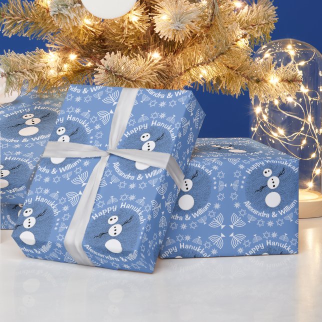 Black And White Snowman Personalized Hanukkah Wrapping Paper (Holidays)