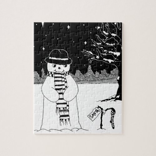 black and white snowman smiling at christmas jigsaw puzzle