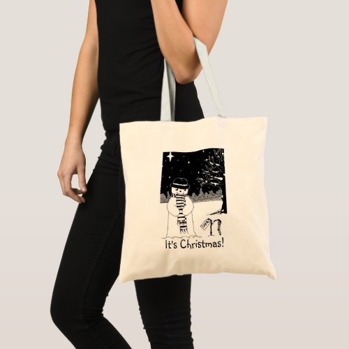 black and white snowman snow scene for christmas tote bag