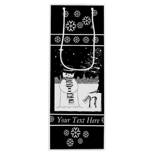 black and white snowman snow scene for christmas wine gift bag