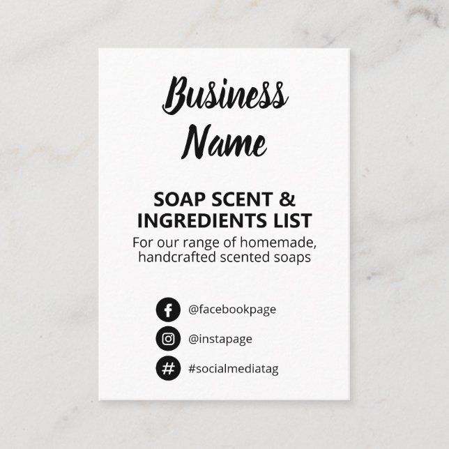 Black And White Soap Scent Ingredients List Business Card (Front)