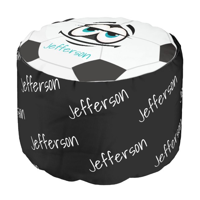 Black and white soccer ball funny face. pouf (Angled Front)