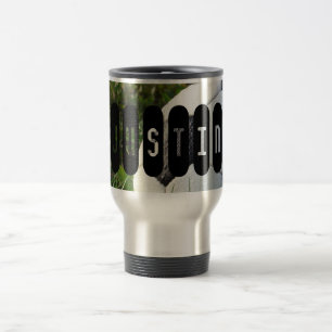 Black and White Soccer Ball in Green Grass Coffee Travel Mug