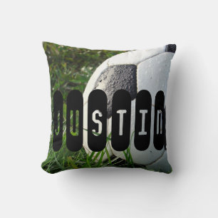 Black and White Soccer Ball in Green Grass Throw Pillow