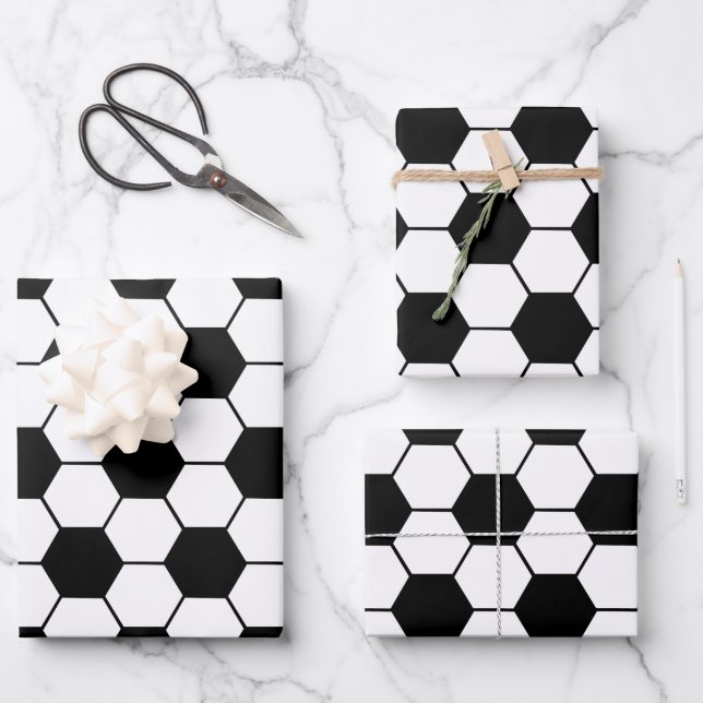 Black and white Soccer ball pattern Wrapping Paper Sheets (Front)