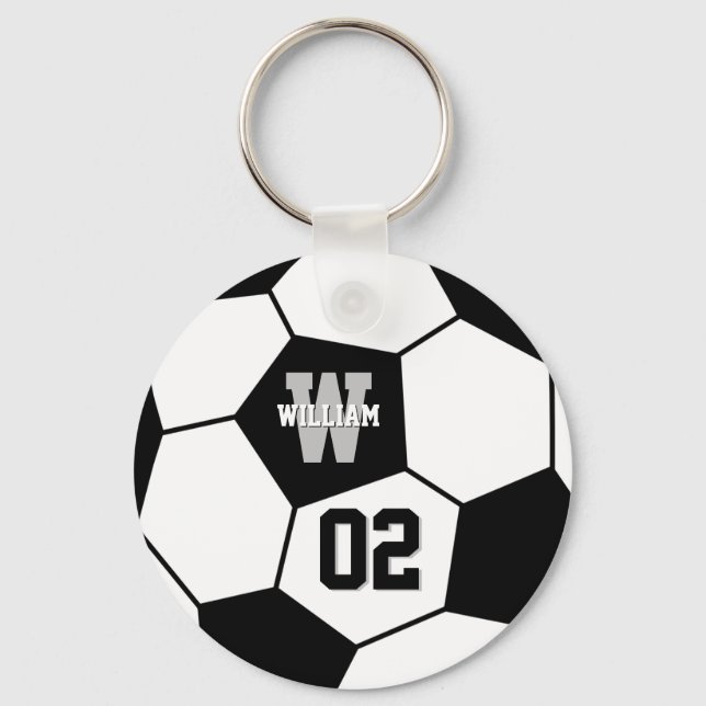 Black and White Soccer Ball Sports Monogram Keychain (Front)