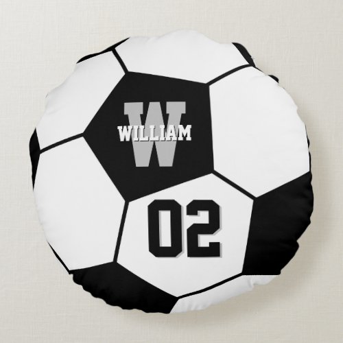 Black and White Soccer Ball Sports Monogram Round Pillow