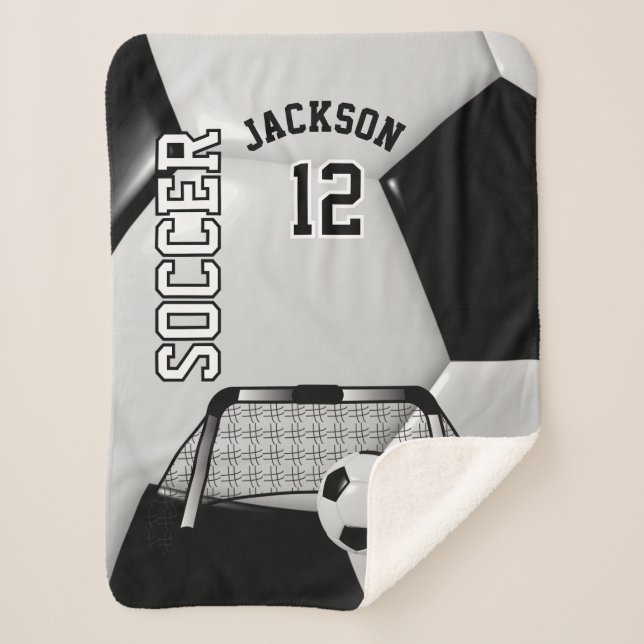 Black and White Soccer Ball with DIY Text Sherpa Blanket (Front)