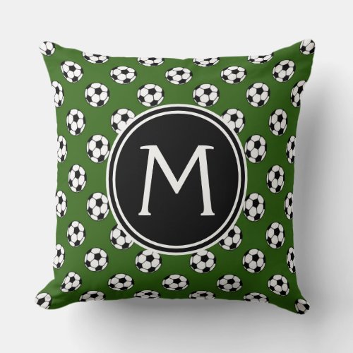 Black and White Soccer Balls on Green Monogram Throw Pillow