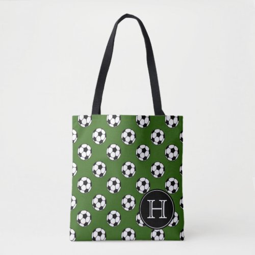 Black and White Soccer Balls on Green Monogram Tote Bag