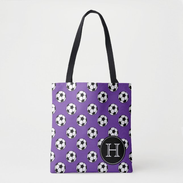 Black and White Soccer Balls on Purple Monogram Tote Bag (Front)