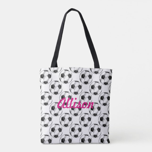 Black and White Soccer Balls with Name Tote Bag (Back)