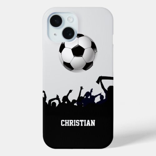 Black and White Soccer Fans and Ball iPhone 15 Case