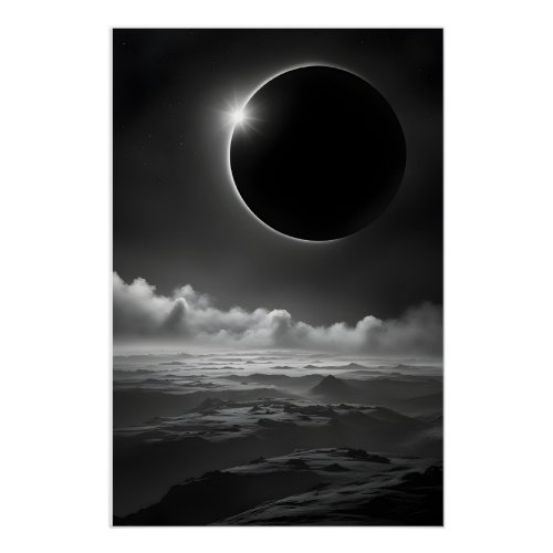 Black and White Solar Eclipse Above the Clouds  Poster