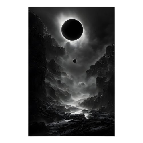 Black and White Solar Eclipse at Night Poster