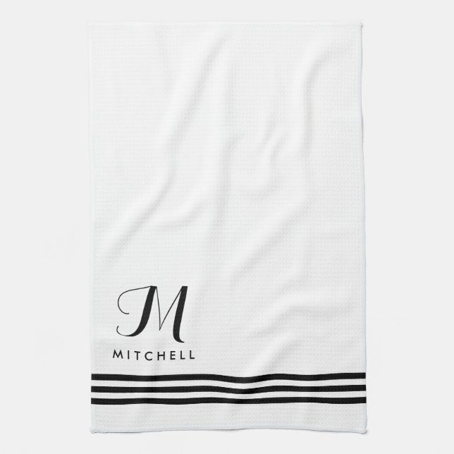 Black and White Sophisticated Stripes and Monogram Towel (Vertical)