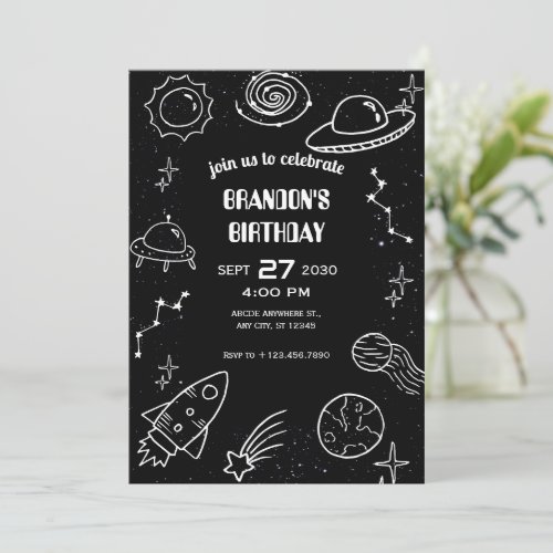 Black and white space planet  invitation