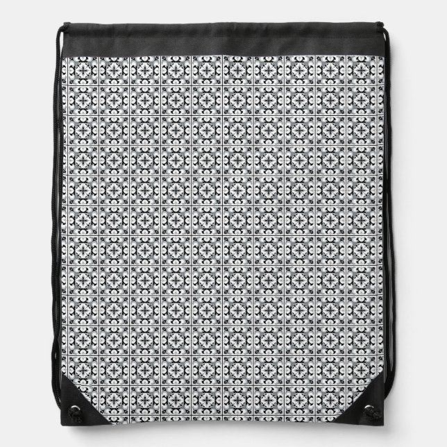 Black and White Spanish Style Tiles Drawstring Bag (Front)