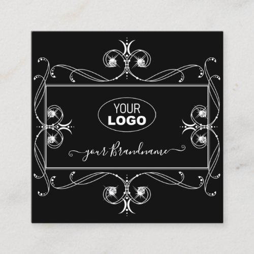 Black and White Sparkle Jewels with Logo Ornaments Square Business Card