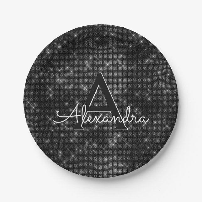 Black and White Sparkle Monogram Birthday Paper Plates (Front)