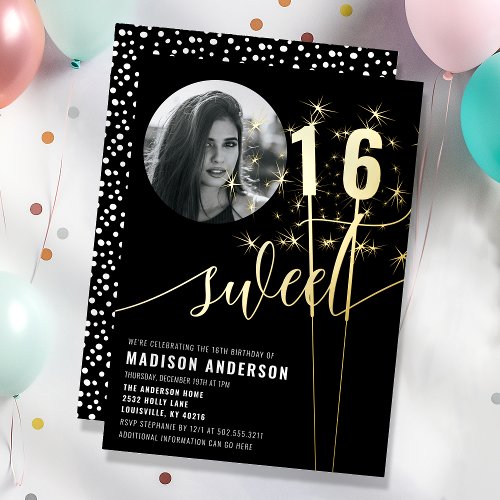 Black And White Sparkler Sweet 16 Birthday Photo Foil Invitation