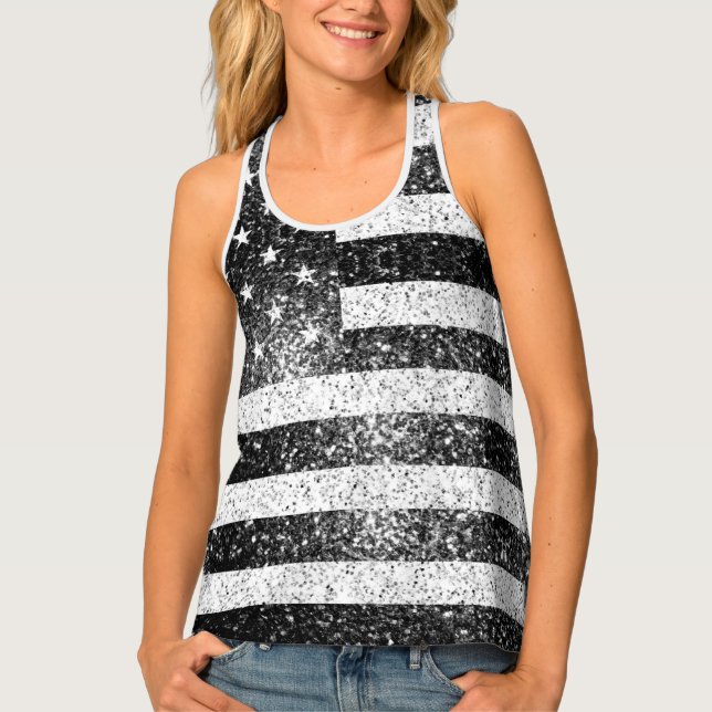 Black and white Sparkles USA flag  Tank Top (Front)