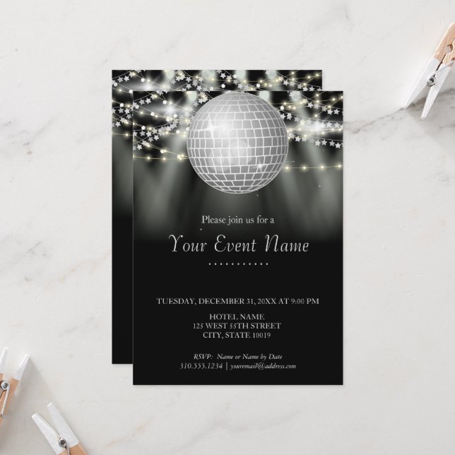 Black and White Sparkling Stars Party  Invitation (Front/Back In Situ)