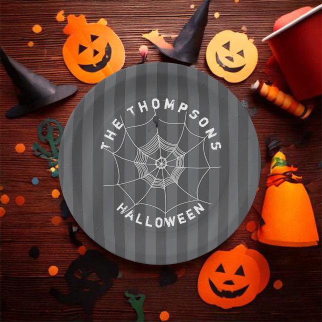Black and White Spider Halloween Party Custom Paper Plates (Halloween cute spider web custom party paper plate. )