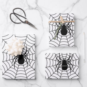 Black and White spider on web Halloween pattern Wrapping Paper Sheets