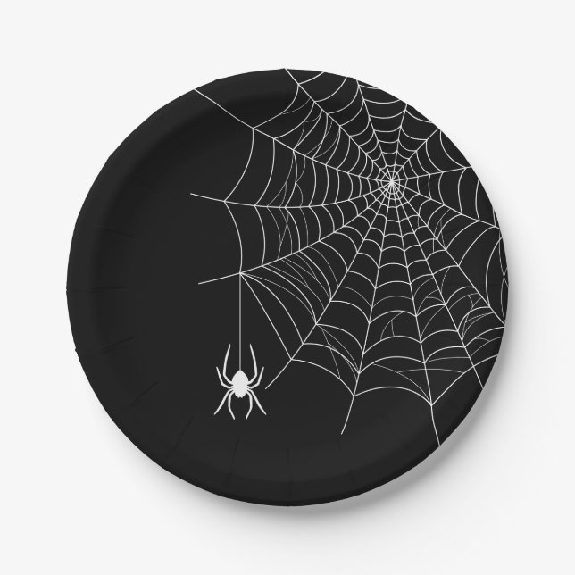 Black And White Spider Web And Spider Halloween Paper Plates (Front)