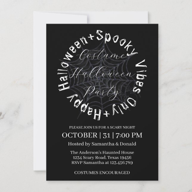 Black and White Spider Web Halloween Costume Party Invitation (Front)