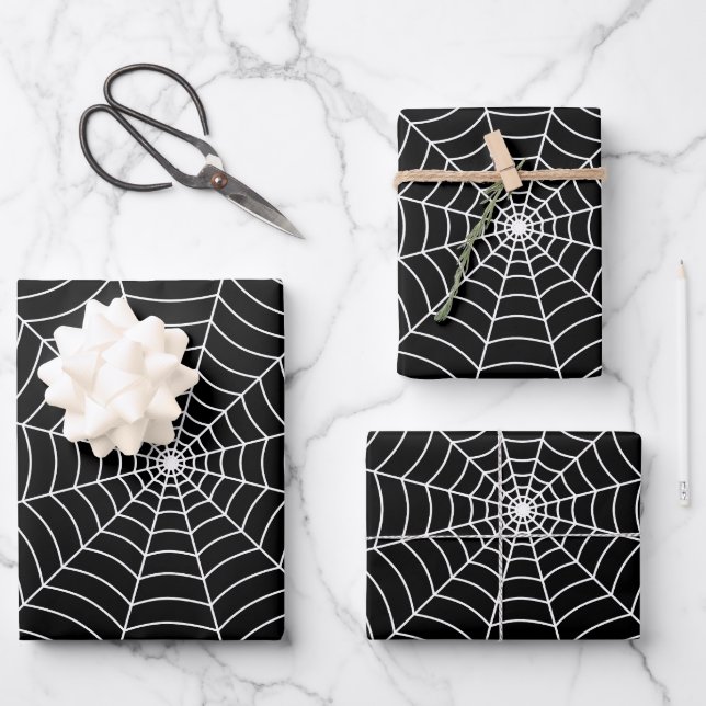Black and White spider web Halloween pattern Wrapping Paper Sheets (Front)