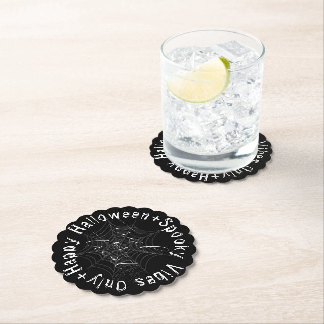 Black and White Spider Web Modern Happy Halloween Paper Coaster (Insitu)
