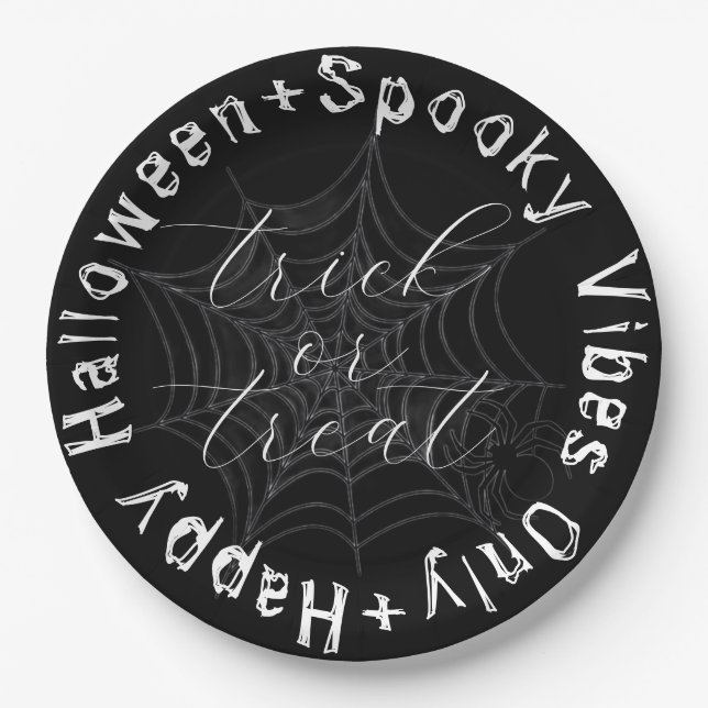 Black and White Spider Web Modern Happy Halloween Paper Plates (Front)