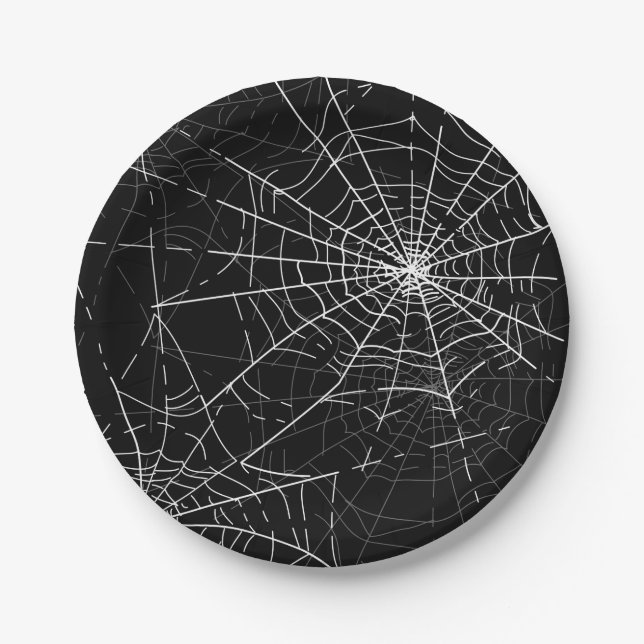 Black and White Spider Webs Halloween Party Paper Plates (Front)