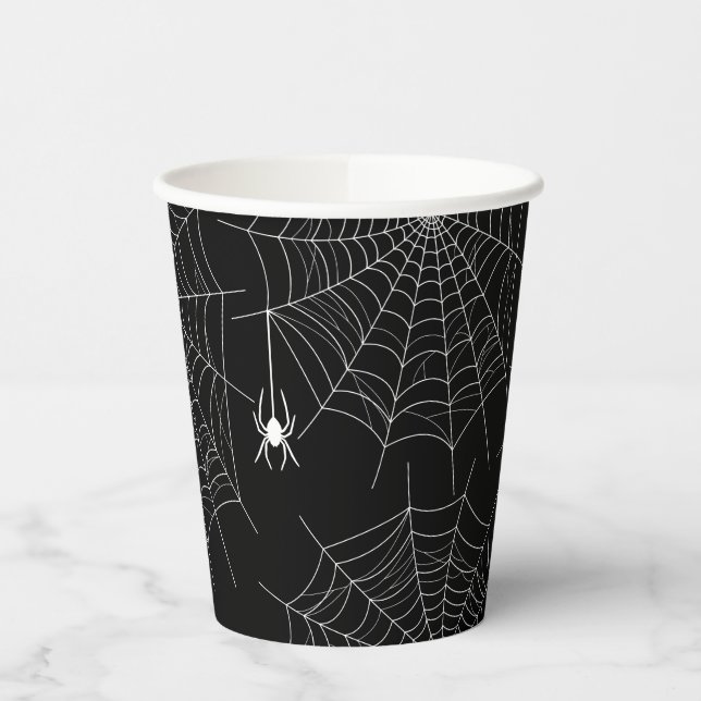 Black And White Spiders And Cobwebs Halloween Paper Cups (Left)