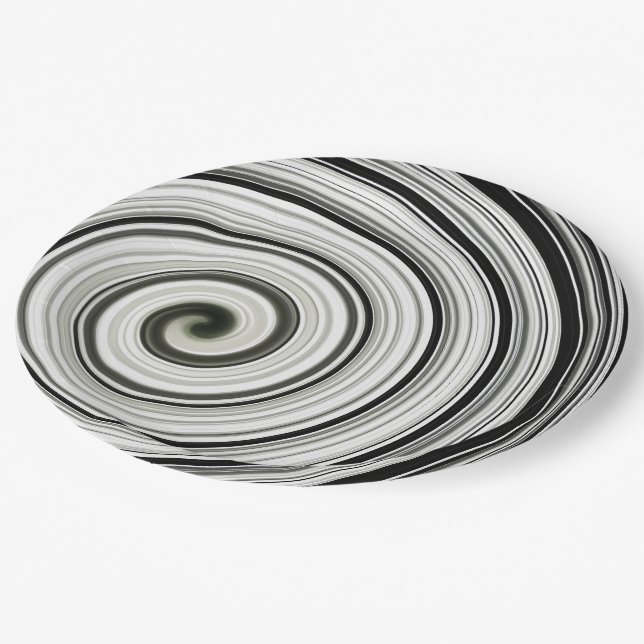 Black and white spiral paper plates (Angled)